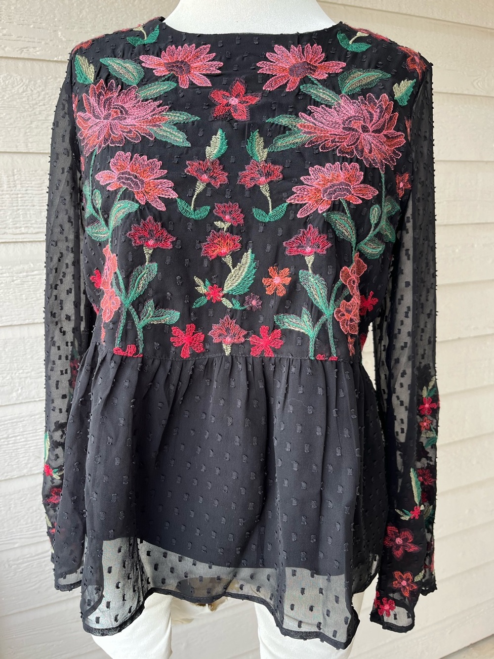 American Eagle Outfitters Black Sheer Peplum Top with Pink & Green Embroidery